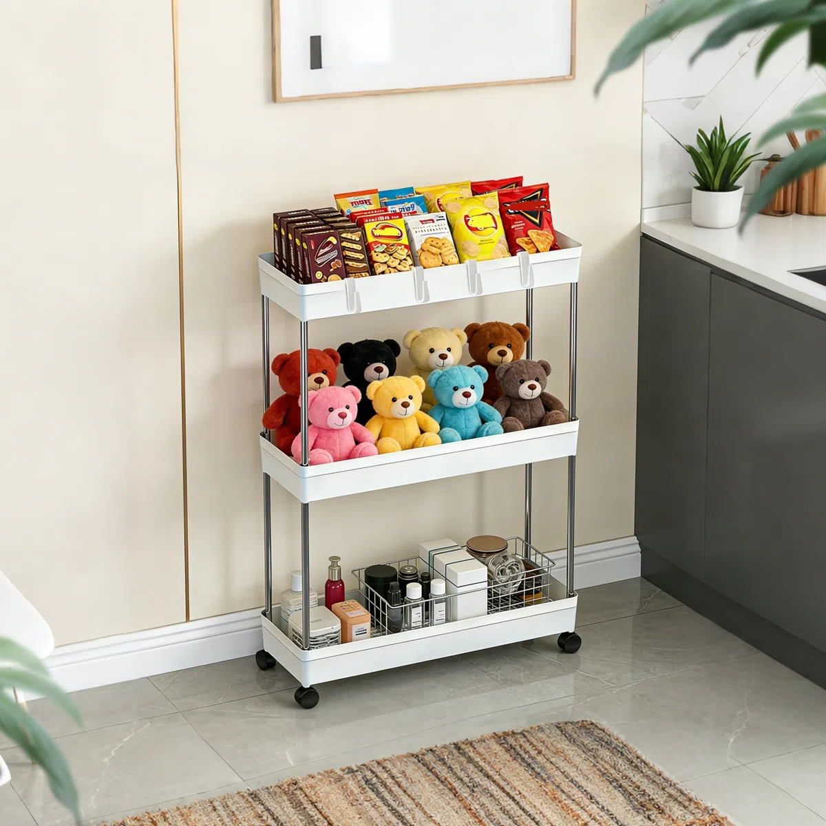 Carrellino con Ruote Portatutto a 3 Ripiani, Carrello Cucina e Mobiletto Bagno Salvaspazio, Scaffale Mobile per Casa, Ufficio e Lavanderia, in Plastica e Acciaio, Bianco