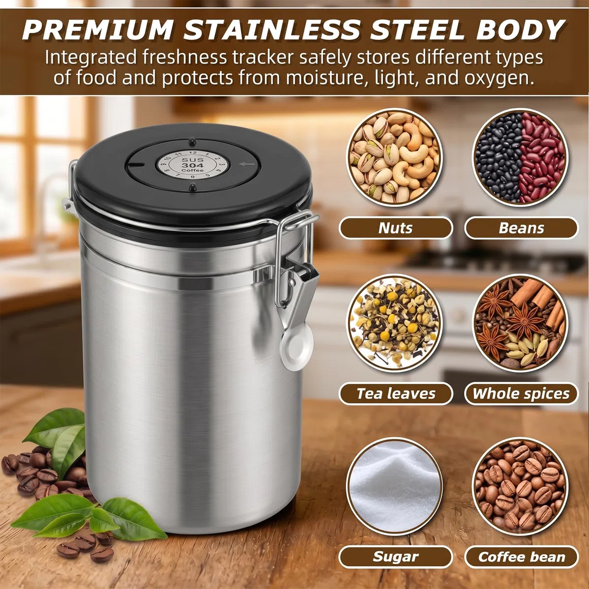 Contenitore per chicchi di caffè, barattolo ermetico in acciaio inox