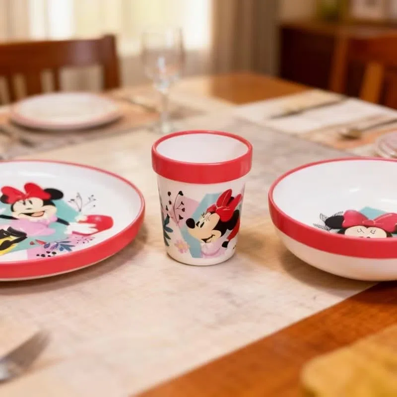 Set di stoviglie riutilizzabile per bambini bicolore – Set composto da 3 pezzi: Piatto, ciotola e bicchiere per bambini e bebé con base antiscivolo – Senza BPA - MINNIE MOUSE TOPOLINA