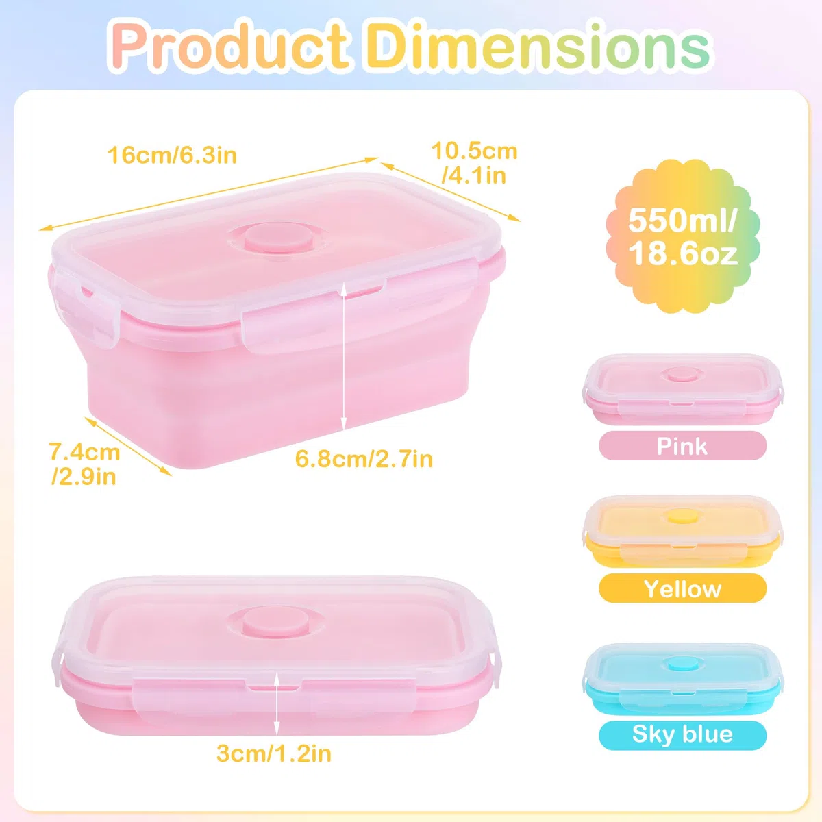 3 Pezzi Contenitori Pieghevoli per Alimenti 550ML, Portable Pranzo del Silicone, Set Contenitori Silicone per Alimenti Picnic Campeggio Scuola Ufficio