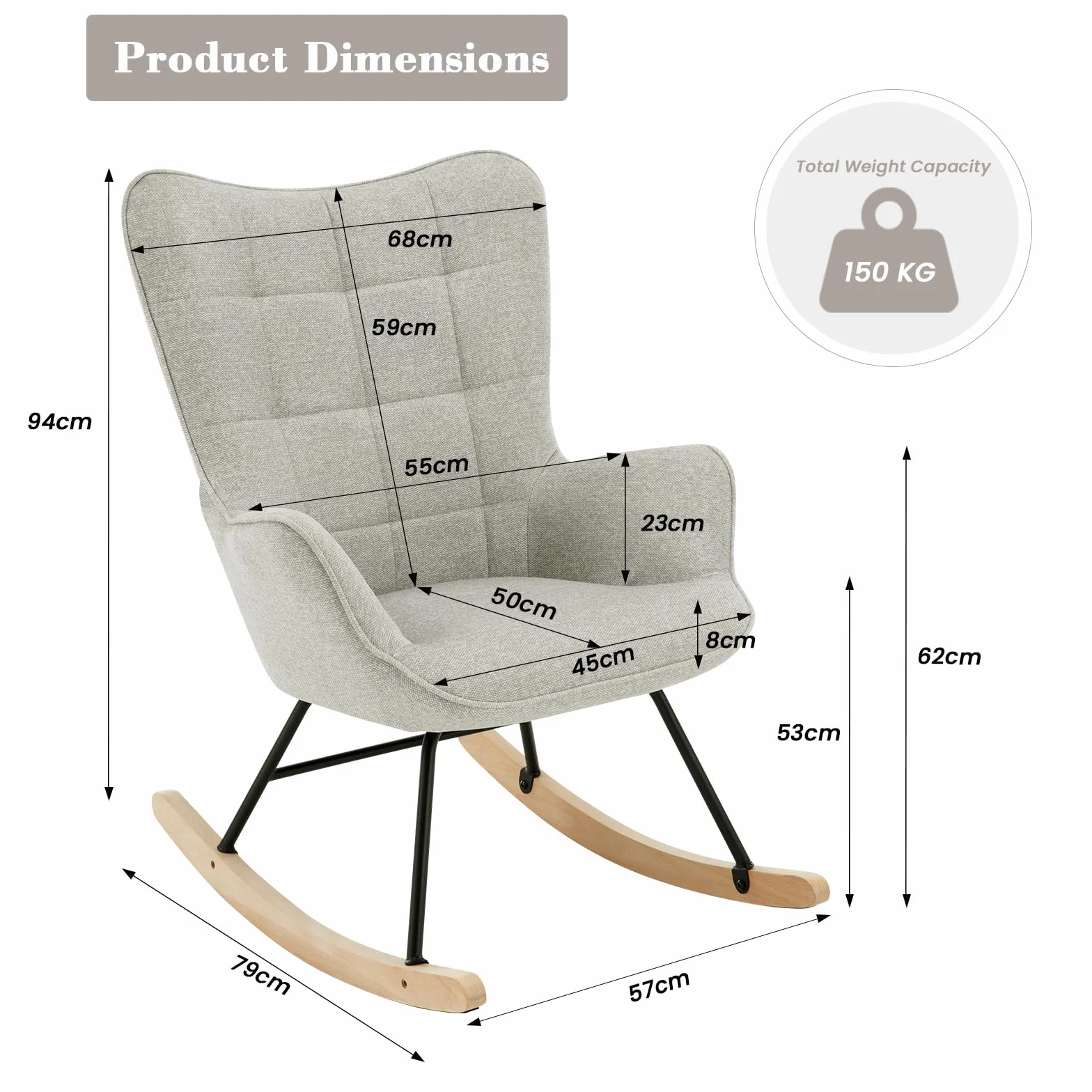 WOLTU Sedia a Dondolo da Interno, Poltrona Relax con Braccioli e Schienale Alto, Sedia Imbottita in Flanella Per Salotto, Camera da Letto, Base in Metallo e Legno Massello Grigio, 69x90x95cm, SKS30gr