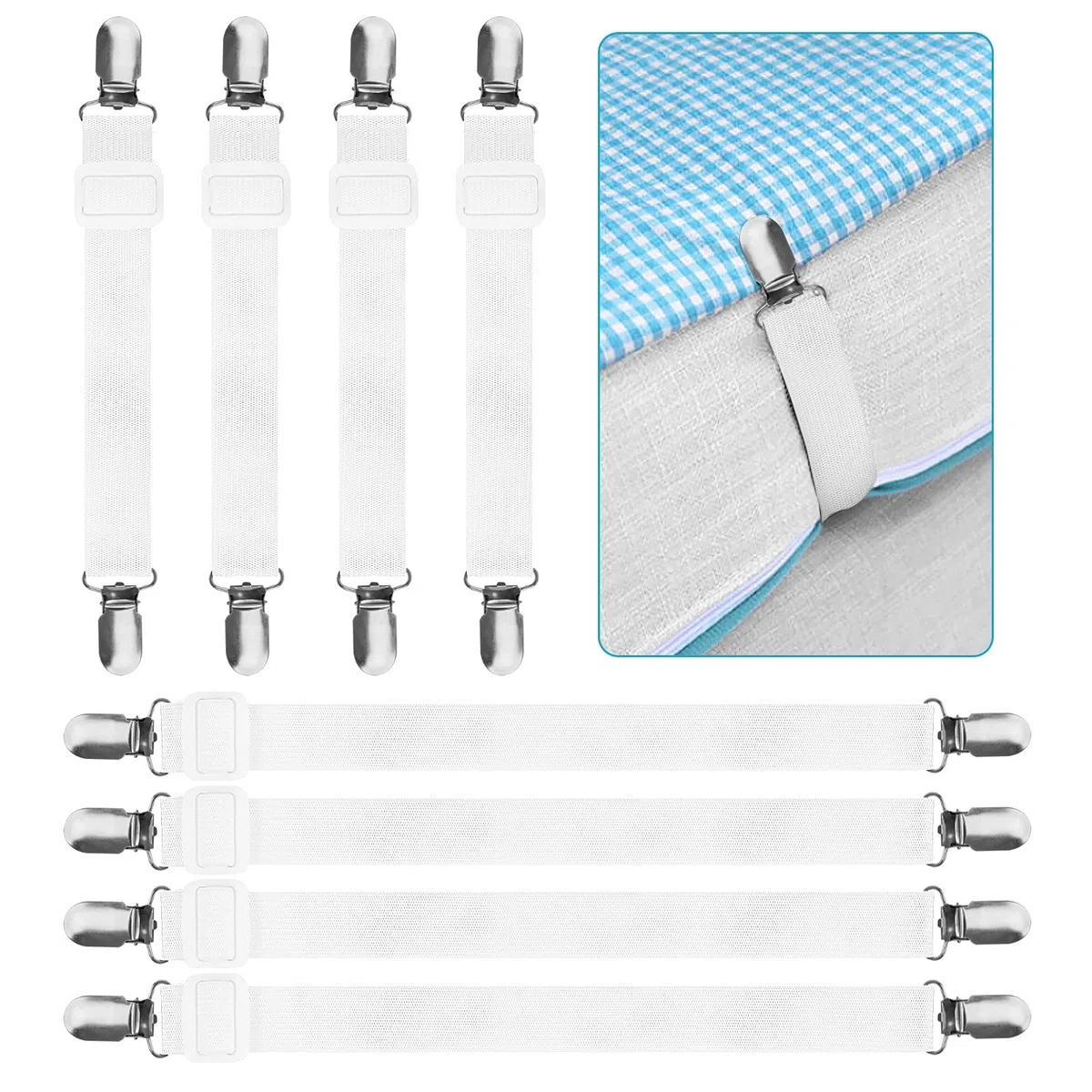 KEELYY Clip Lenzuola, 8 Pezzi(15cm-100cm) Bretelle Elasticizzate Regolabili, Cinghie Elastici con Clip in Metallo per Fissaggio Angoli Lenzuola, coprimaterassi, Letto o Divano - Bianco