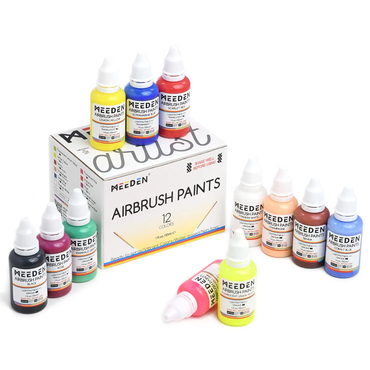 MEEDEN Kit aerografo con mini compressore d'aria portatile, pistola aerografo a doppia azione con alimentazione a gravità, kit di pulizia a 12 colori aerografo per la pittura di modelli - Nero