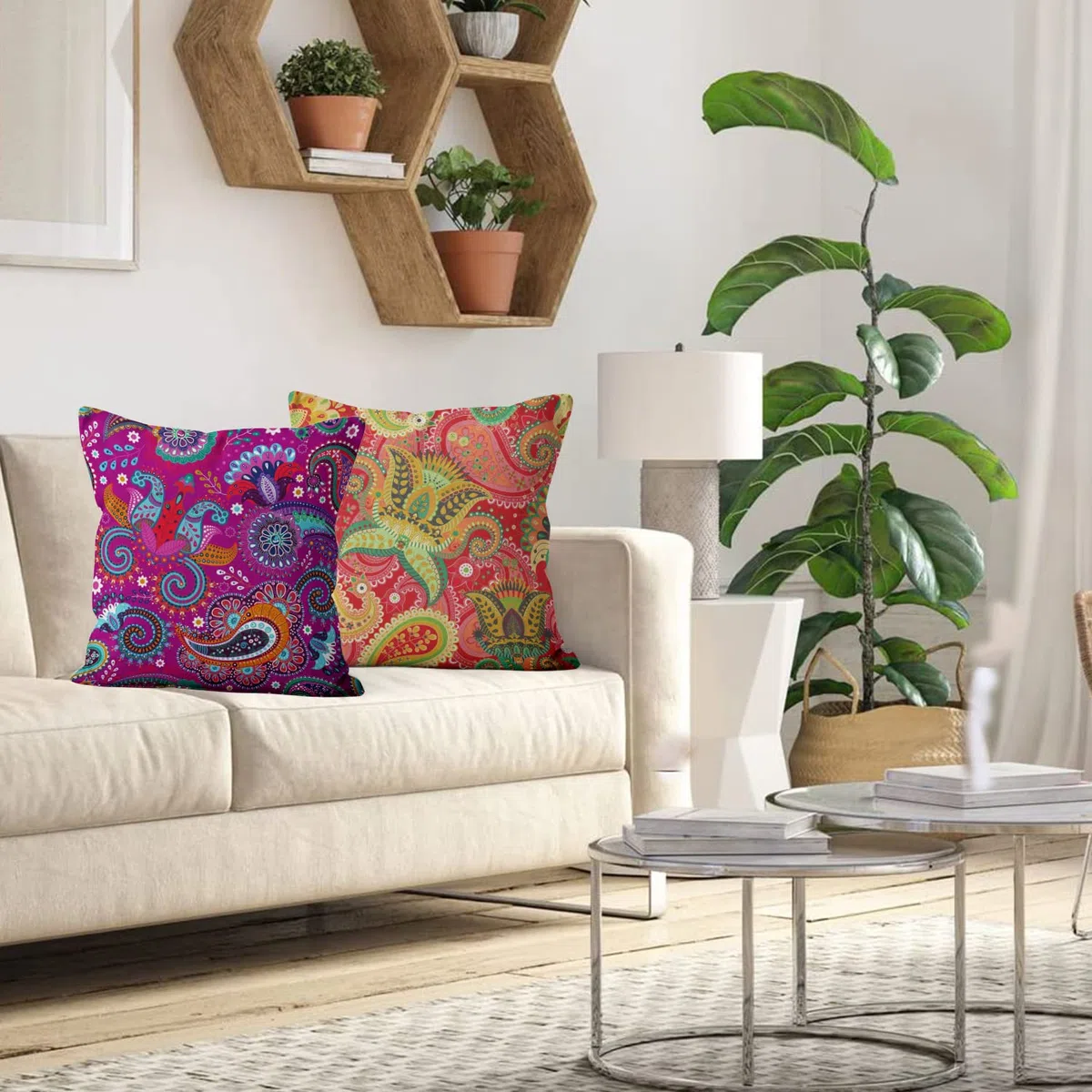 Lot de 4 housses de coussin bohème 40x40 cm, boho floral rouge jaune violet décoration de canapé housse de coussin lavable en polyester d'ameublement housse de coussin
