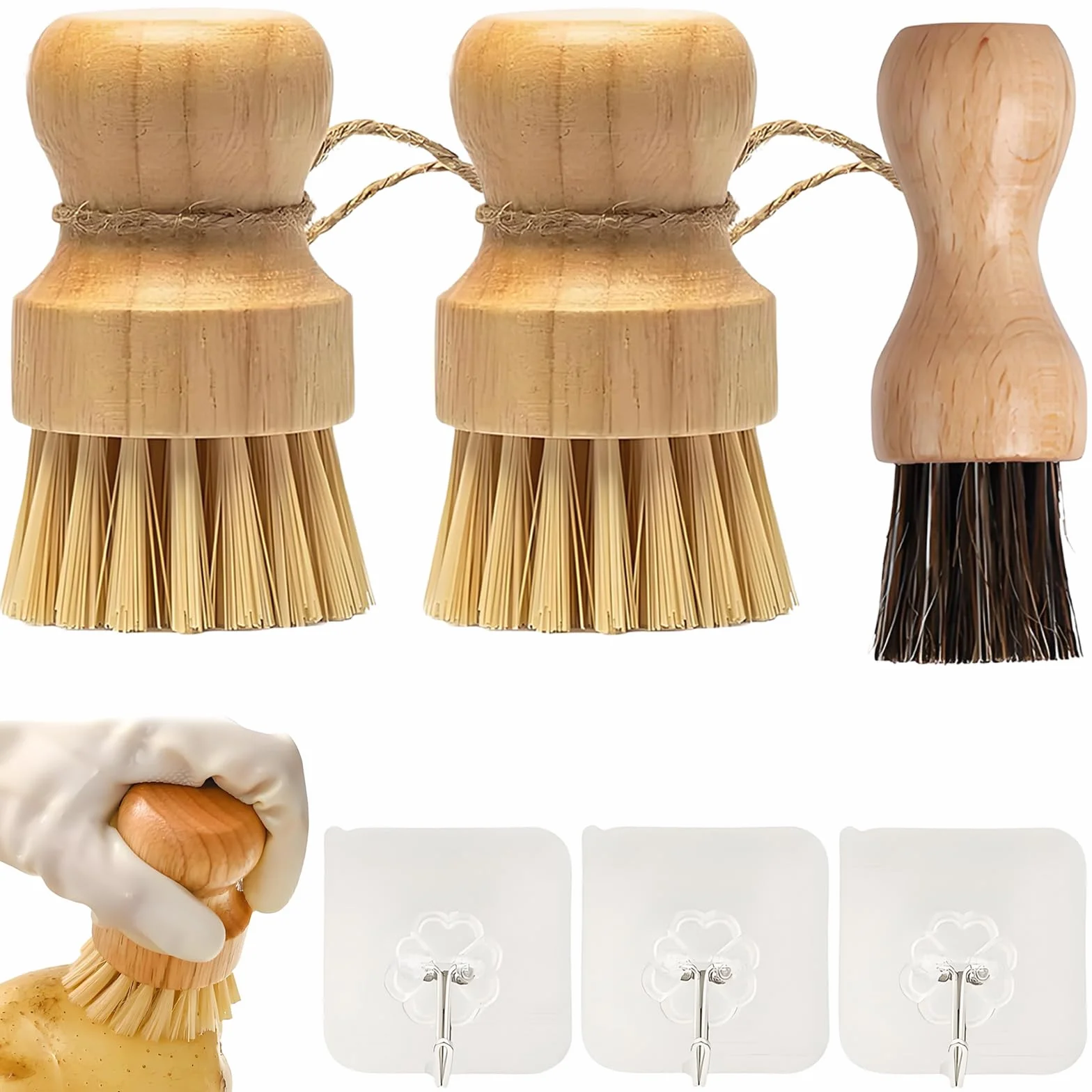 Set di 6 spazzole a fungo, con tre ganci, ecologiche, per funghi, per la pulizia della cucina, del bagno, della pulizia delicata dei funghi o delle verdure