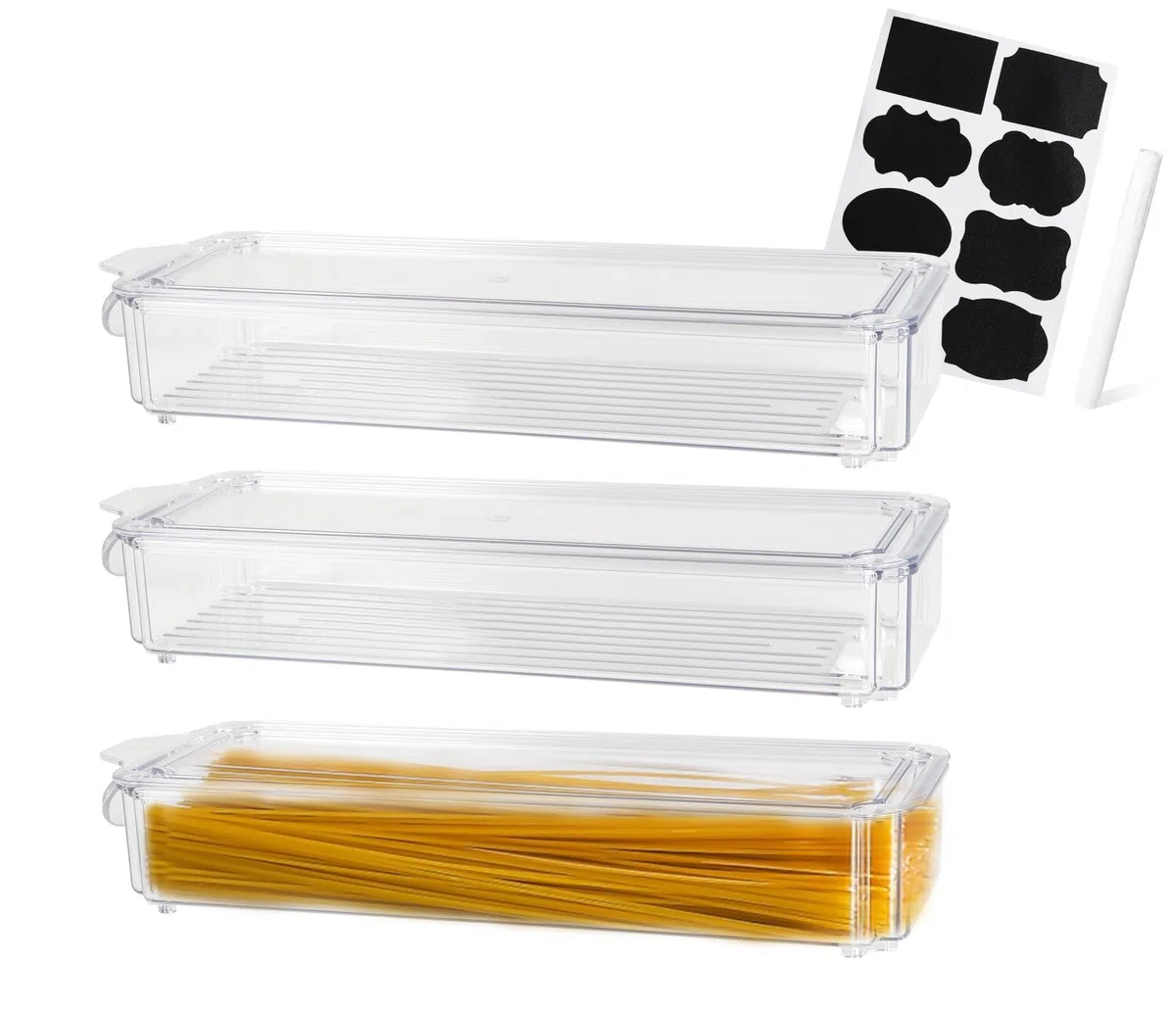 Spaghetti - Set di 3 contenitori impilabili e ermetici con coperchio per pasta, cereali e cornflakes, ideali per armadietti e organizer da cucina