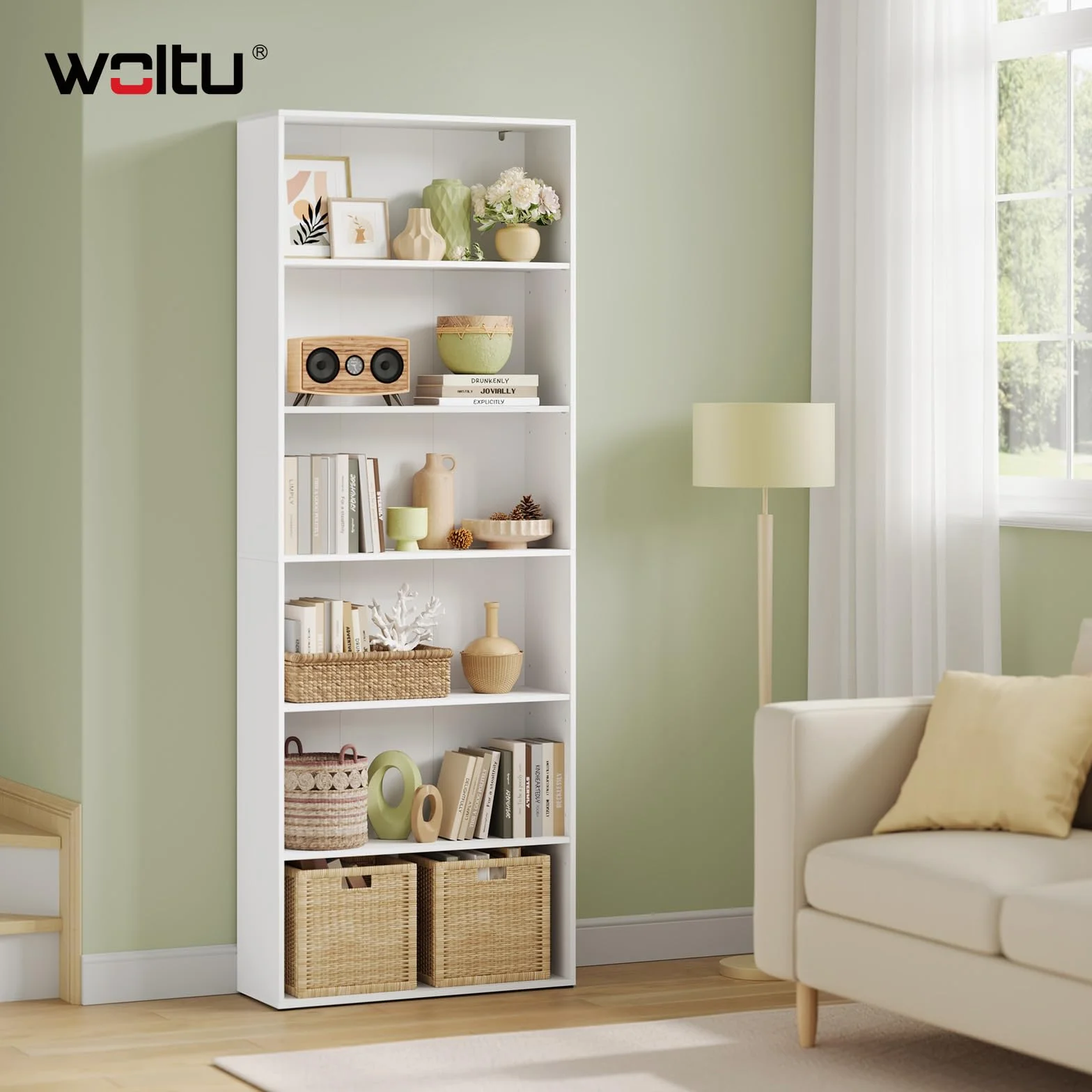 WOLTU Libreria, scaffale con 6 ripiani regolabili, scaffale aperto, divisorio in piedi, per soggiorno, ufficio, camera da letto, 60 x 180 x 23,5 cm, bianco, SK052ws