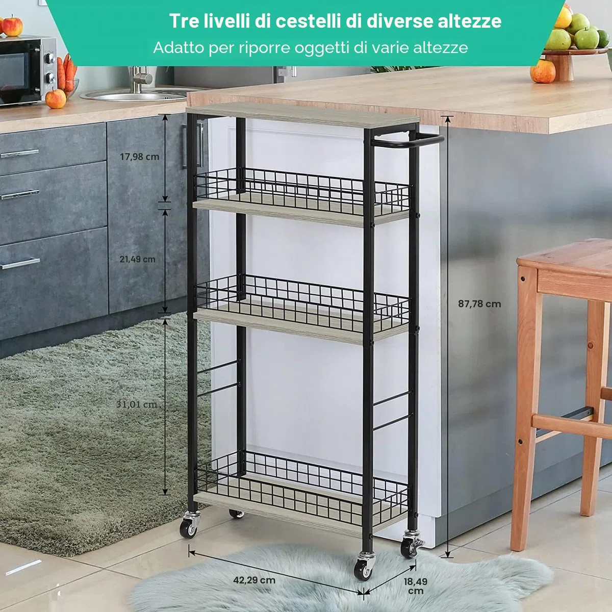YBING Carrello portaoggetti sottile a 4 livelli sottile su ruote, carrello da cucina mobile stretto con tavolo in legno, grigio scorrevole con manico per soggiorno, dispensa, larghezza 17.9 cm