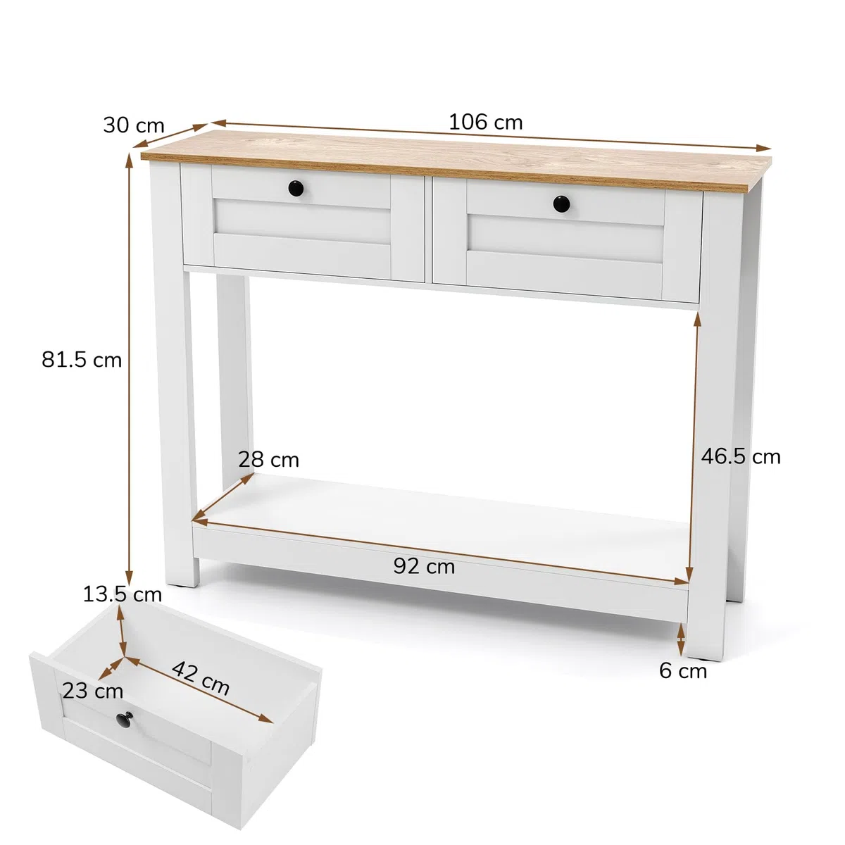LIFEZEAL Tavolo Consolle, Console Bianca in Legno, Tavolo d’Ingresso a 2 Ripiani, con 2 Cassetti, Antiribaltamento, Moderno, Corridoio, Entrata, Soggiorno, Dietro Divano, Max 80 kg, 106x30x81,5 cm