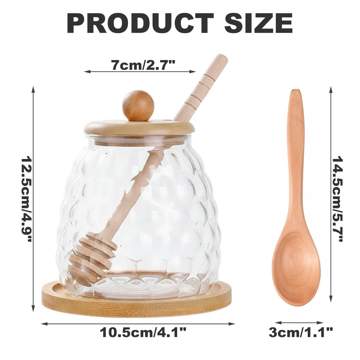 Vasetto per Miele Vetro con Coperchi Bastoncino Cucchiaio e Vassoio, 550 ml Trasparente Dosatore Miele per Cucina, Honey Pot a Bocca Larga, Contenitore in Vetro per Conservare e Sciroppo