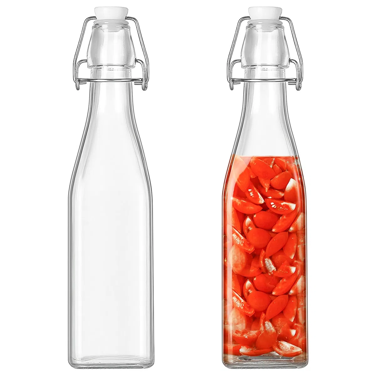 Confezione da 2 bottiglie di vetro con tappo basculante, sicure a pressione, con tappo ribaltabile, per fermentazione, aceto (quadrate, 500 ml)