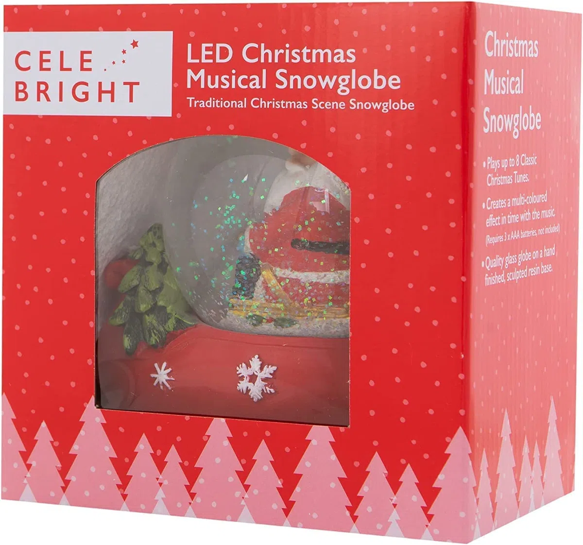 Celebright Christmas Musical Snow Globe - Riproduce 8 canzoni tra cui Jingle Bells & Lights Up With Changing LED Colours - Large 14cm (Babbo Natale su una base di slitta)