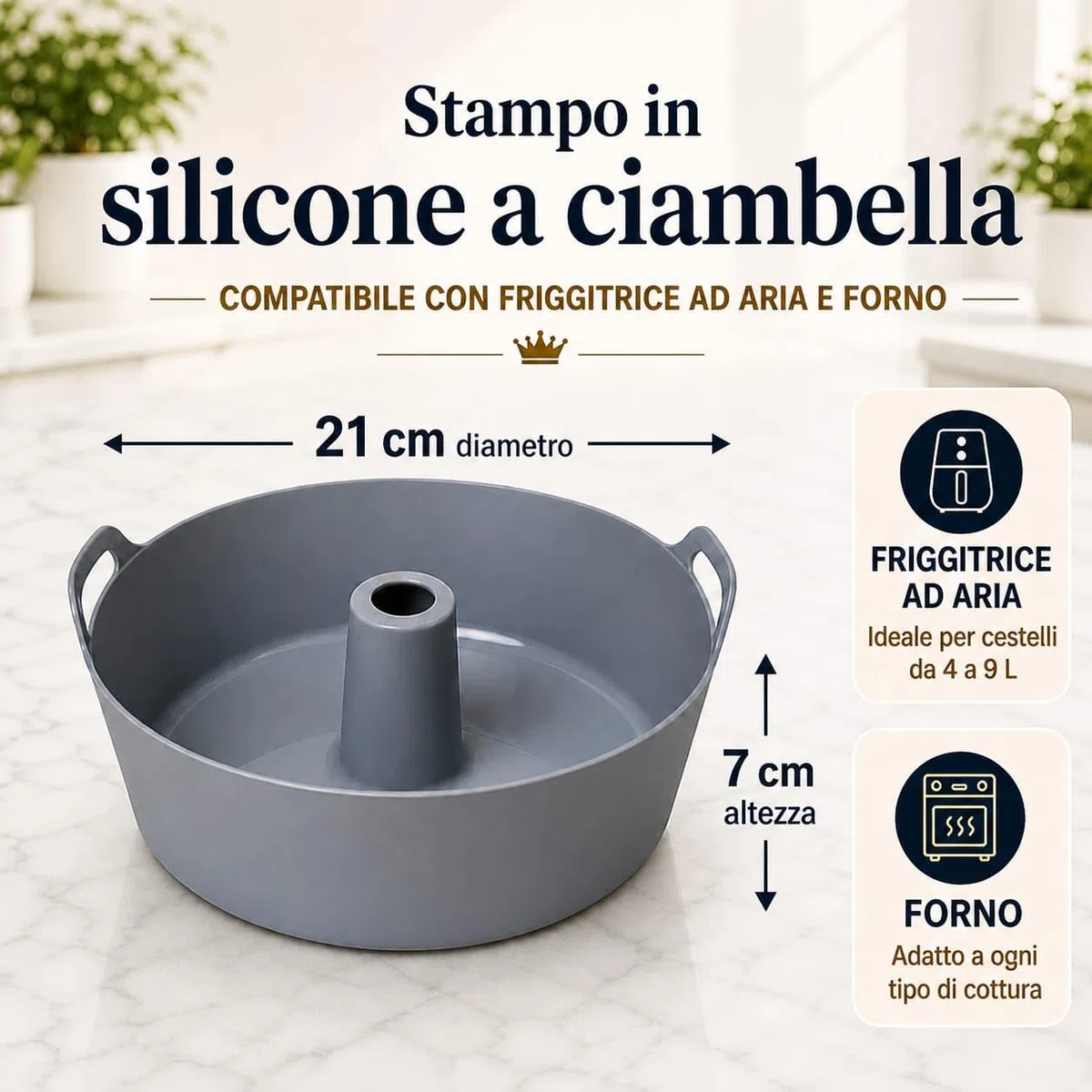 Stampo in silicone per dolci e ciambella 21 cm | Teglia savarin antiaderente forno e friggitrice ad aria | Tortiera senza BPA, facile da sformare