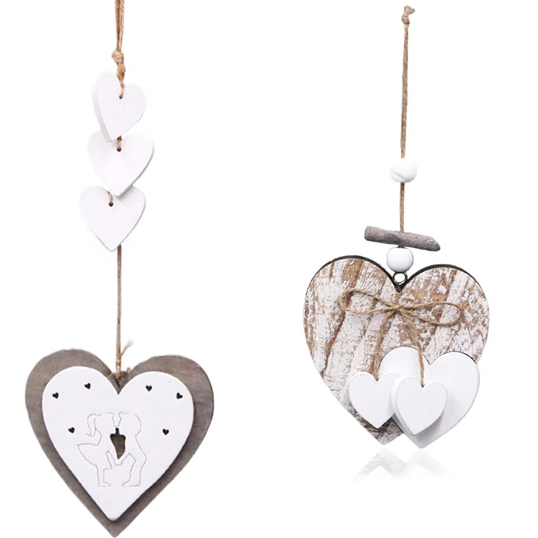 2 pezzi decorazione a forma di cuore mobile, decorazione per finestre, in legno naturale, bianco, cuore in legno, decorazione da appendere