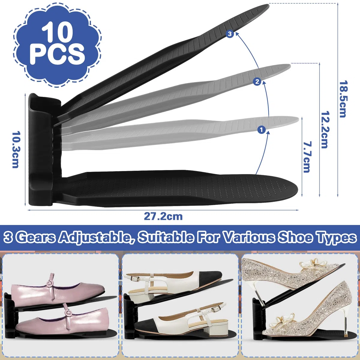 10 Pezzi Portascarpe, Antiscivolo Portascarpe, Scarpiera Regolabile Portascarp, Salvaspazio Scarpiere in Polipropilene Organizer Scarpe, Regolaili in Plastica Durevole (nero)