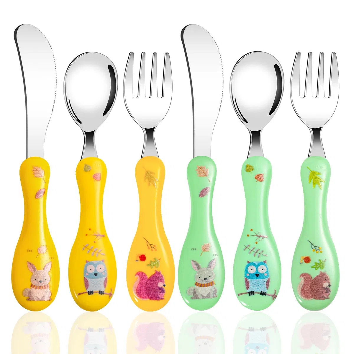 Set posate per bambini in acciaio inox, 6 pezzi posate per bambini con motivo carino, 2 forchette, 2 cucchiai, 2 coltelli, posate da bambino in manico rotondo per ragazzi e ragazze (giallo, verde)