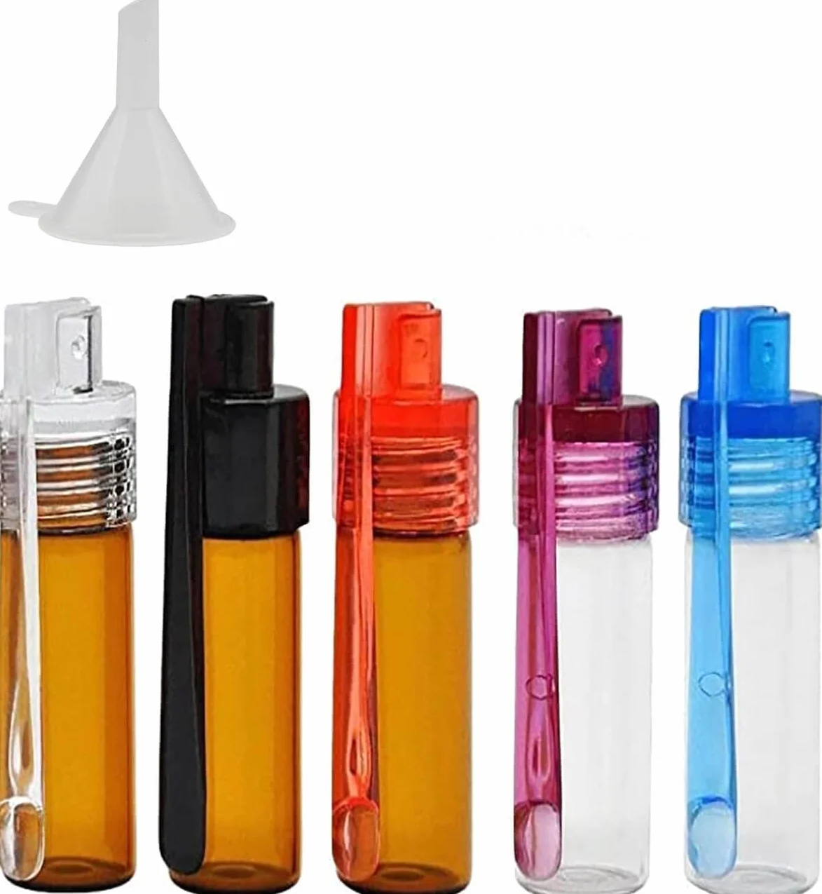 Strumento per la polvere di spezie con altezza di 51 mm con cucchiaio (5 pezzi) Bottiglia piccola con micro imbuto in vetro Vile con cucchiaio per viaggi in campeggio all'aperto