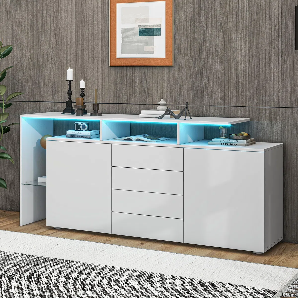 Credenza Soggiorno Moderno Lucida, Credenza Cucina Bianca con LED, Mobile Soggiorno Contenitore Buffet Cucina Salvaspazio con 2 Ante e 4 Cassetti, con Divisori in Vetro, Bianco, 160x35x70cm