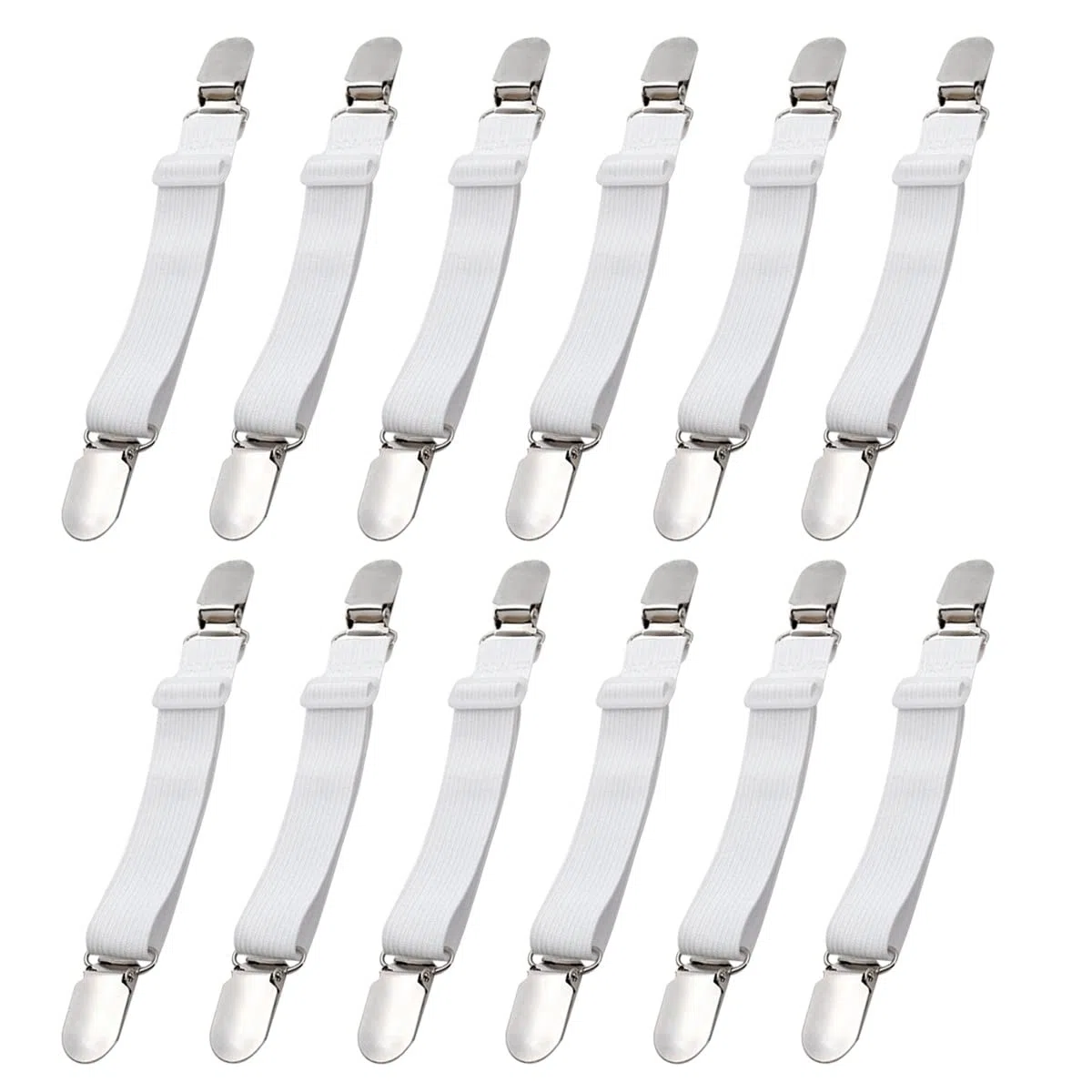 CINGHIA Clip Lenzuola,12 Pezzi Tenditori Regolabili per Lenzuola,Elastici per ASSE da Stiro,Regolabile,con Clip in Metallo Tenditore per Materassi per Lenzuola Bianco