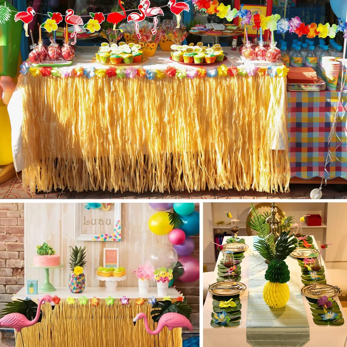 142 Pezzi Gonna Tavolo Hawaiana Gonna da Tavolo Fiori Hawaiani Foglie di Palma Cake Topper Festa Hawaiana,ghirlande Luau banner e Cannucce per Feste Hawaiana,Barbecue Decorazioni da tavola