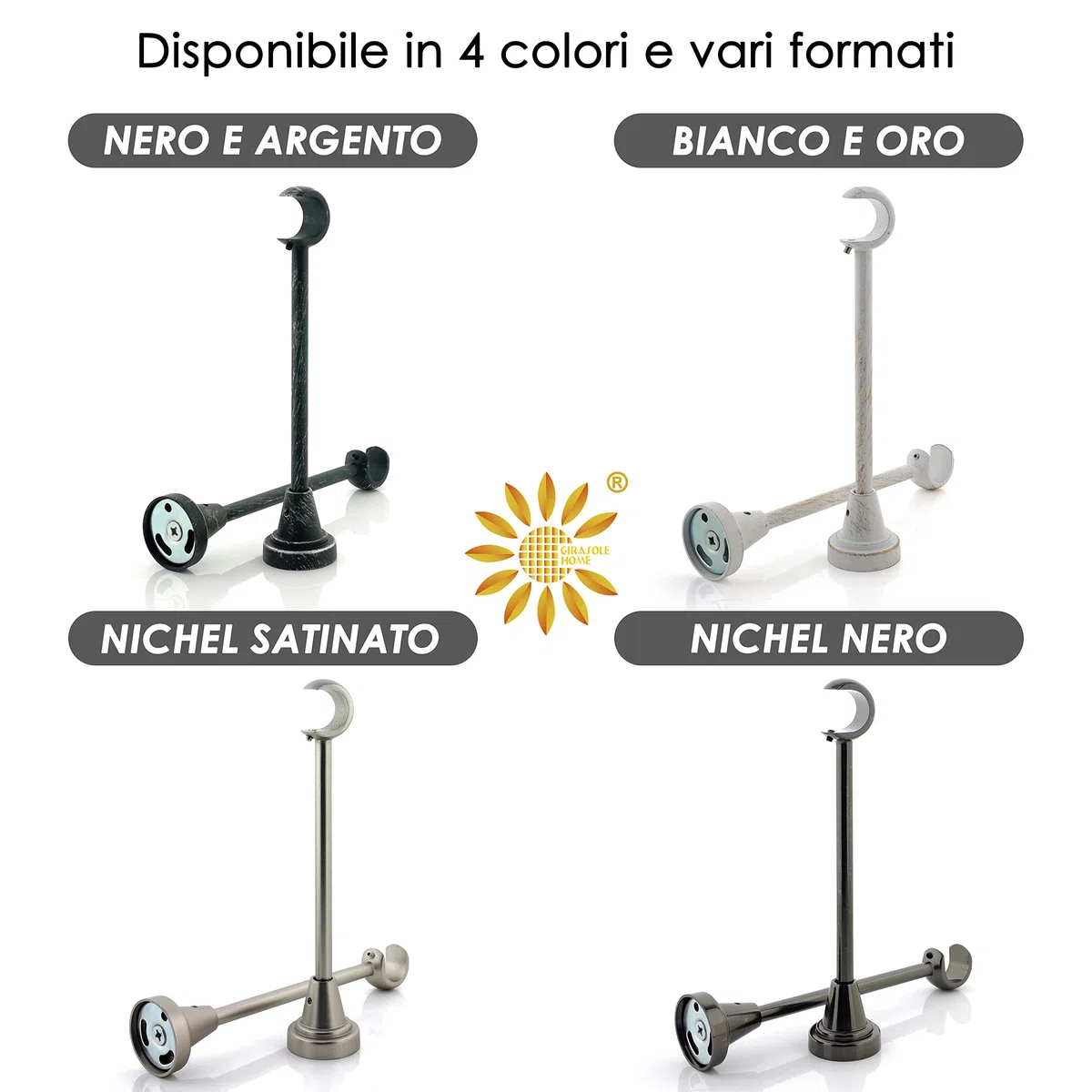 GIRASOLE HOME Staffa Lunga Aperta 198mm per Asta 2 Pezzi in Alluminio Resistente per Bastoni dal Diametro di 18-20 mm (Bianco e Oro)