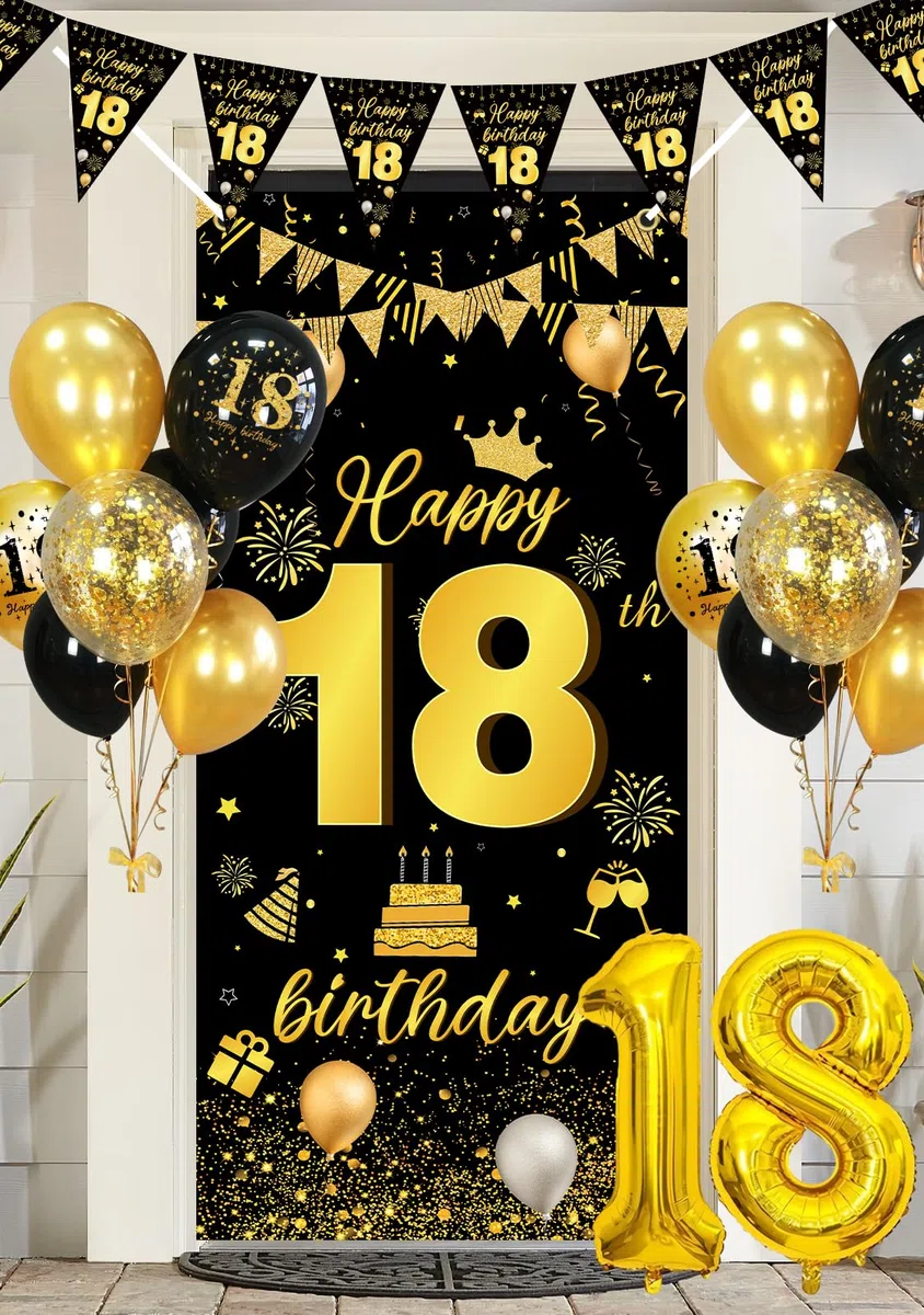 Palloncini 18 Anni Compleanno Ragazza Ragazzo, 18 Anni Decorazioni Nero Oro, Striscione 18 Anni, Coriandoli, Feste di Compleanno Sfondo Fotografico Tessuto, Decorazioni per Compleanno