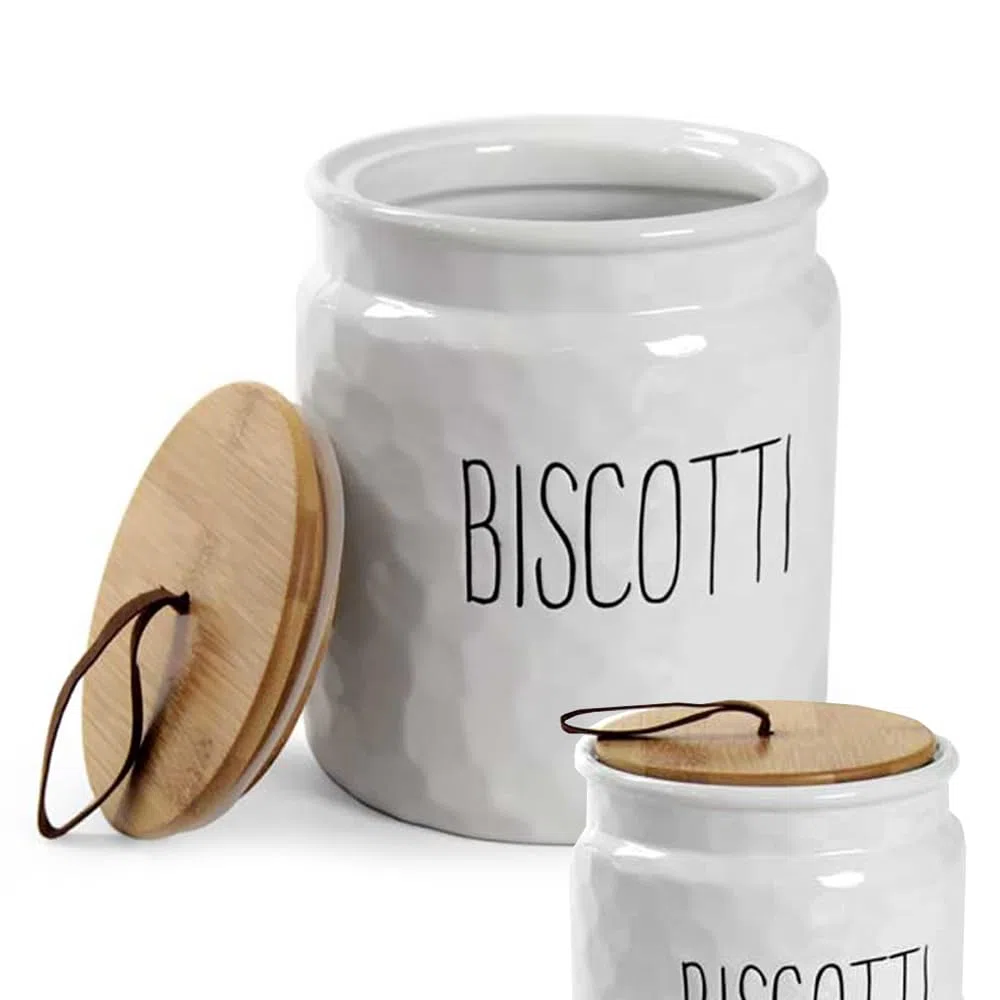 Barattolo Biscottiera 15x18h cm - in Ceramica, Rotondo, Effetto Ondulato, con Scritta Biscotti Nero o Bianco, Tappo in Legno, Chiusura Ermetica, Conservazione, Minimalista (Bianco)