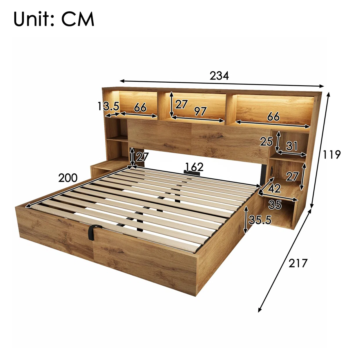 Kebnor Letto di sistema, effetto rovere con idraulico, letto matrimoniale in legno con comodini integrati, struttura del letto con rete a doghe e testiera, LED & USB-C, senza materasso (160 x 200 cm)