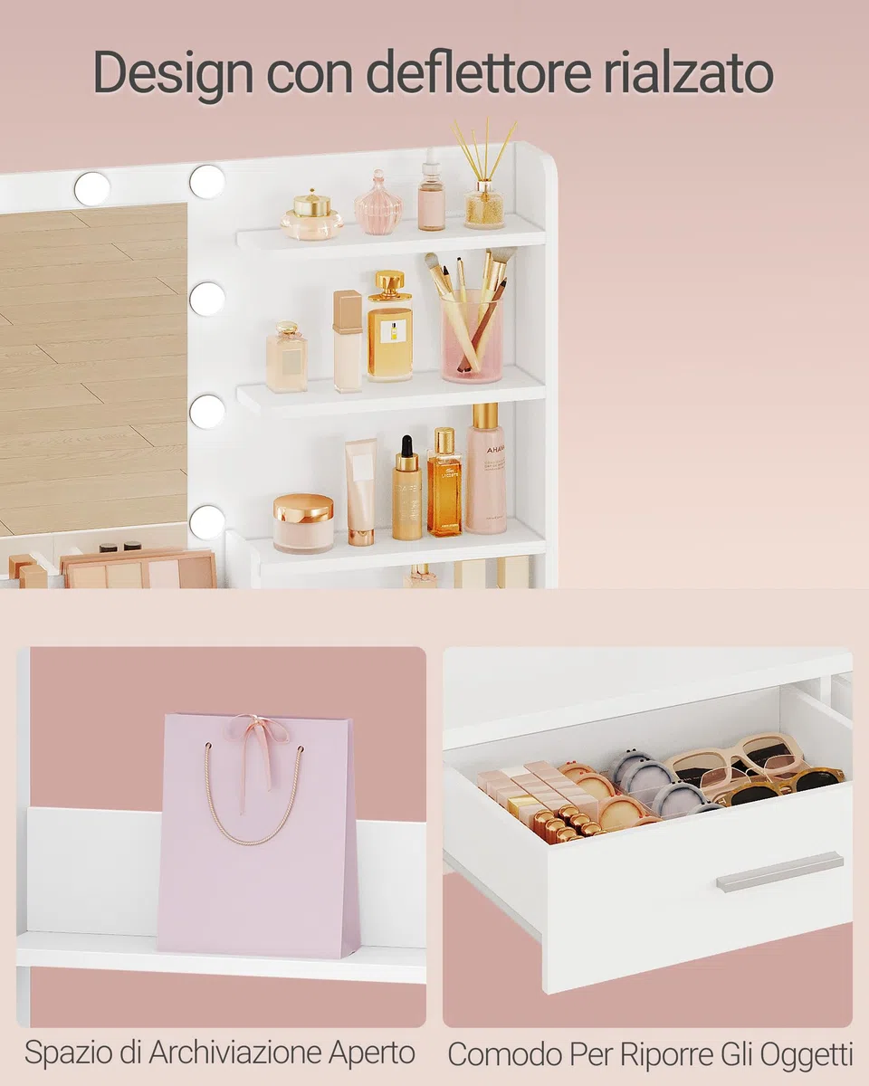 Hzuaneri 90 cm Toeletta da Trucco con Illuminazione a LED, Toeletta da Trucco con specchio, 3 livelli di luminosità, 2 cassetti, 4 ripiani aperti e 2 scomparti, moderna, Bianca DT42703XEU