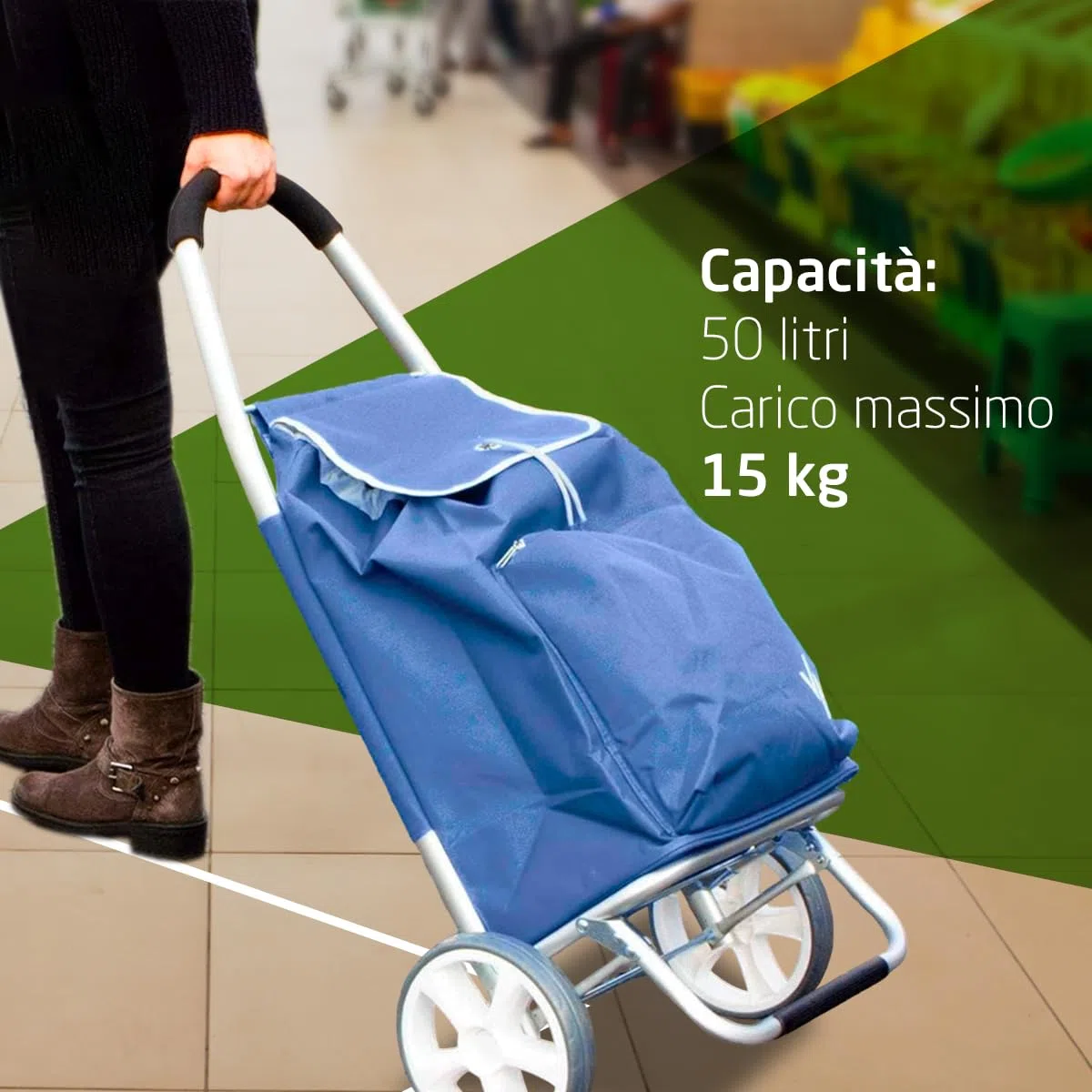 Amig - Carrello della spesa a 2 ruote - Borsa regolabile - Alluminio leggero - Carico massimo 15 kg - Capacità 50 l - Dimensioni: 95 x 45,5 x 12 cm - Colore: Blu