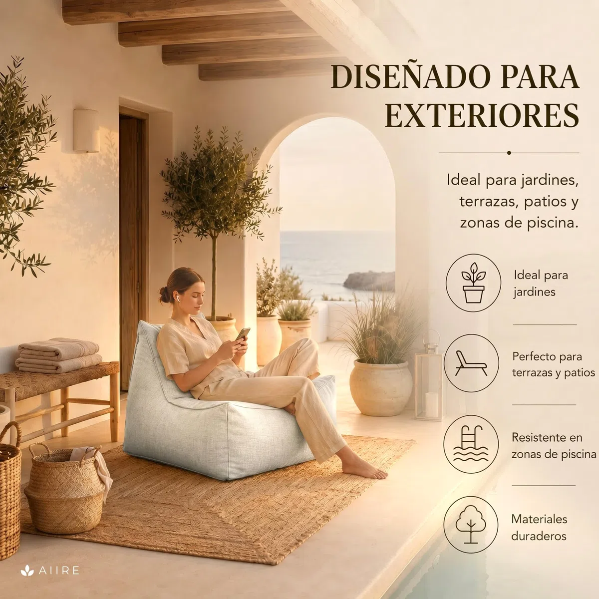 Aiire Poltrona Pouf da Esterno di Lusso - Puffo per Sedersi Moderni per Giardino e Piscina - Bean Bag XXL Design con Imbottitura - Cuscino da Lettura Gigante, Puff a Sacco