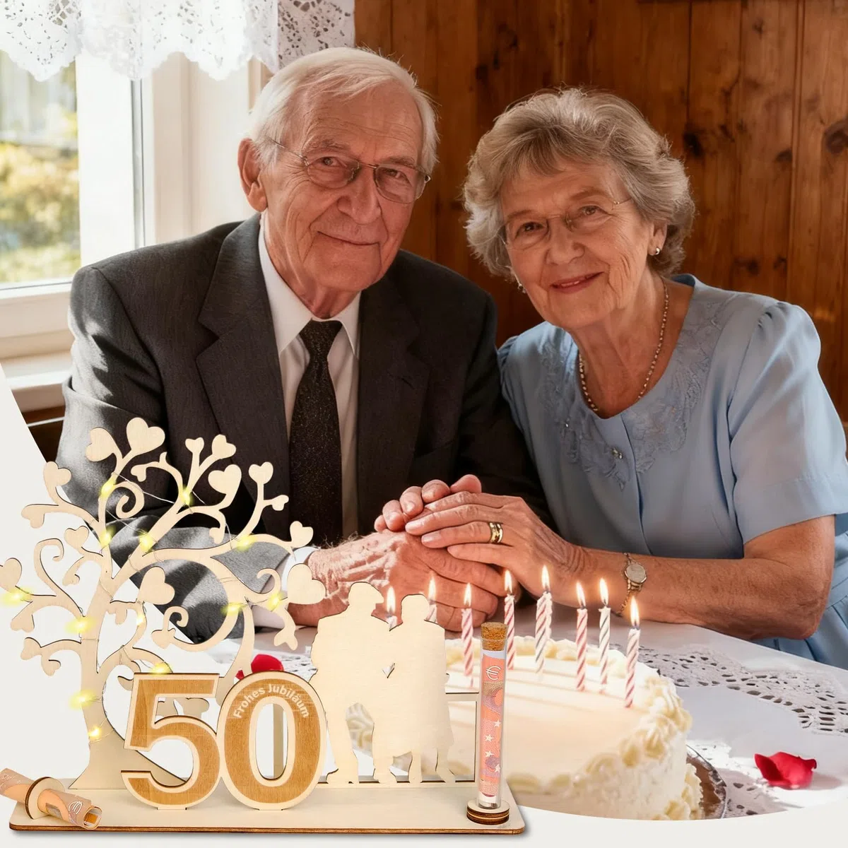 Regalo in legno per 50 anni di matrimonio, decorazione in legno con albero a cuore e LED, idea regalo per il 50° anniversario di matrimonio