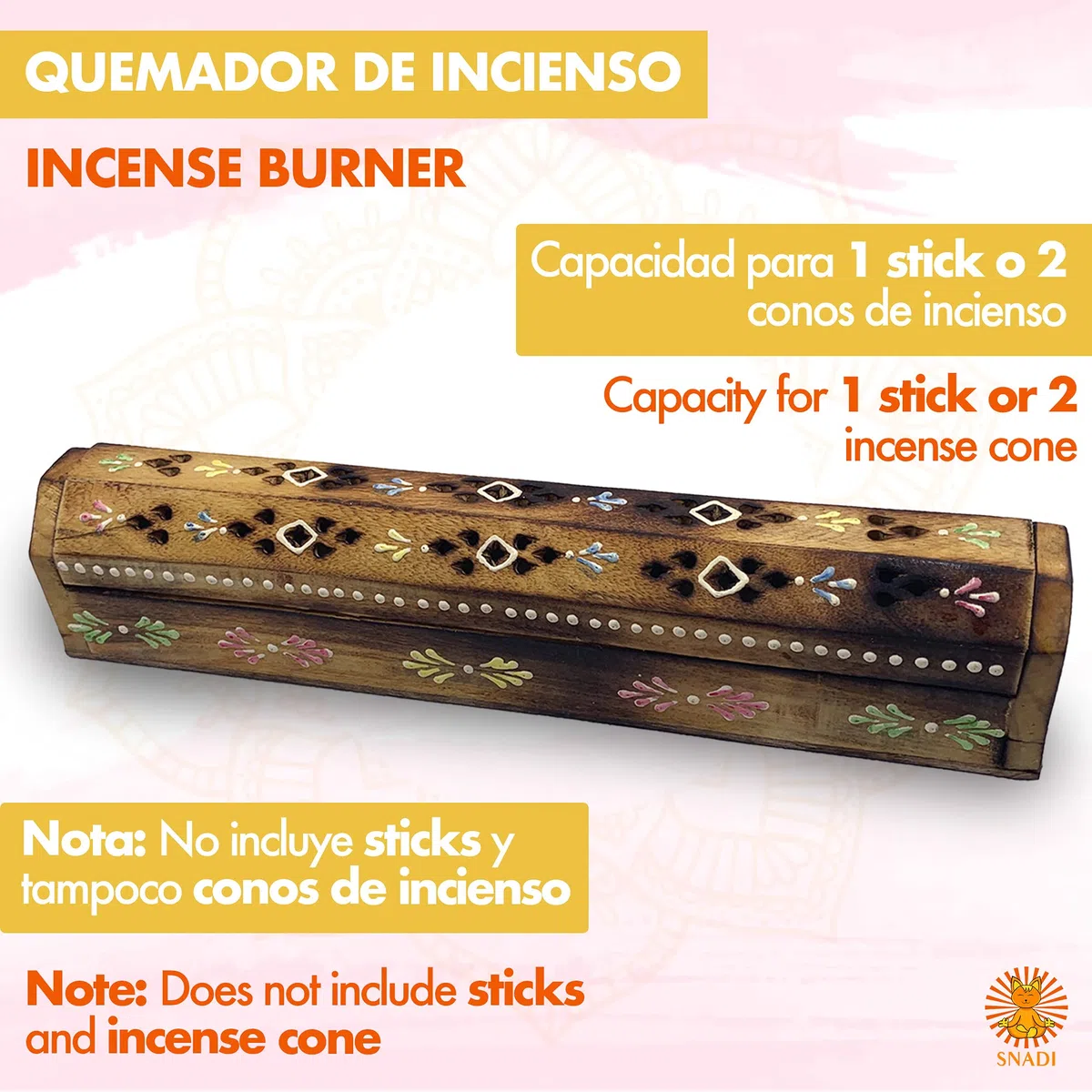 Bruciatore incenso (incensario) scatola di legno decorata a mano in India - Esclusivo disegno di sponde bianche ed elefanti 30,5 x 6,2 x 5,5 - - Peso 240 g. Porta incenso legno