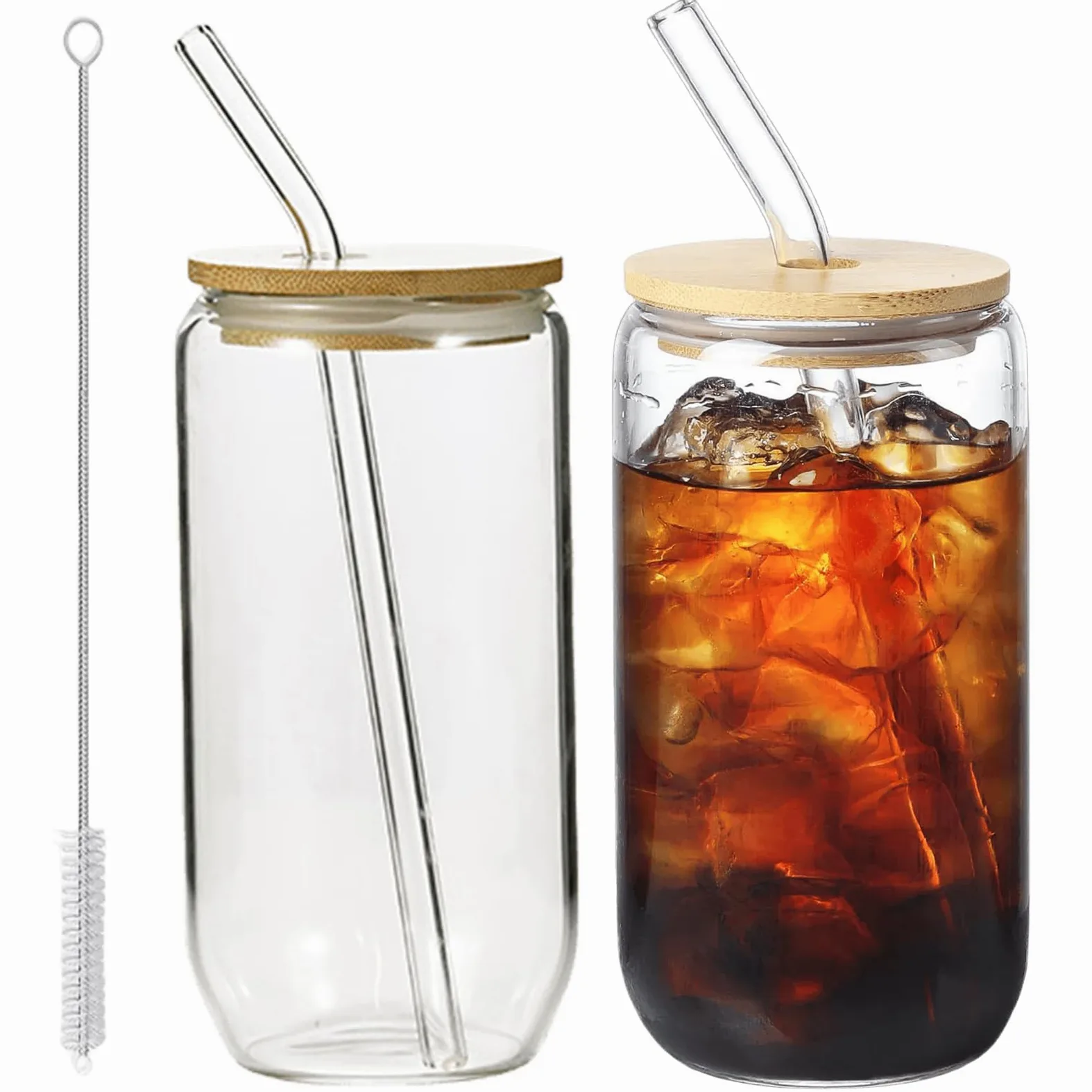 Leikurvo Set di 2 bicchieri da tè con bolle da 500 ml, con 2 coperchi, 2 cannucce e 1 spazzola, bicchieri in vetro con coperchio, bicchieri da caffè ghiacciato, per caffè, cocktail, frullati, birra