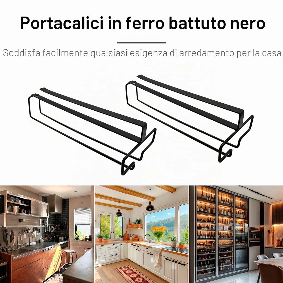 2 Pezzi Supporti per Bicchieri da Vino Sospesi, in Metallo, Portabicchieri da Vino Sotto l'Armadio, Supporto Stemware Portabicchieri per Cucina, Bar, Ristorante (Nero)