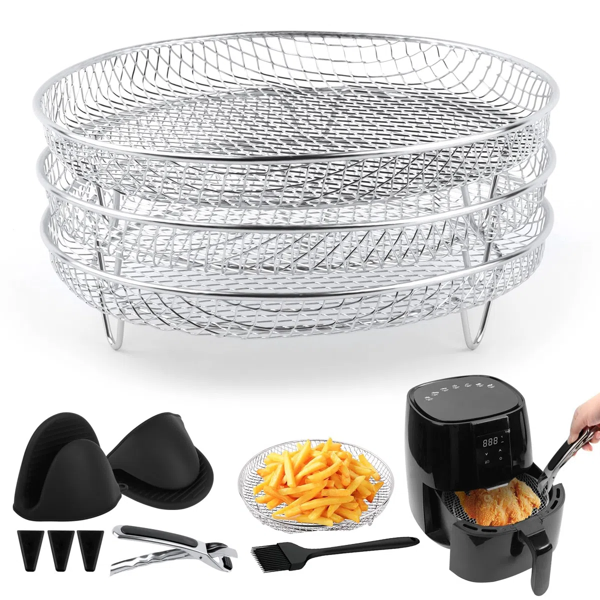 3 Pezzi Cestelli per Friggitrice ad Aria, 3 Pezzi Rack per Disidratatore Multistrato in Acciaio Inossidabile, Accessori per Friggitrici Ad Aria