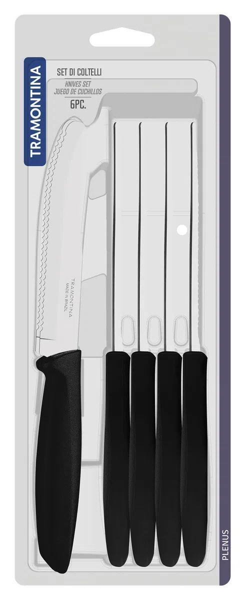 Tramontina Set di Coltelli da Tavola Dentati da Carne con Punta Arrotondata Colore Nero Acciaio Inossidabile Plenus 6 pezzi