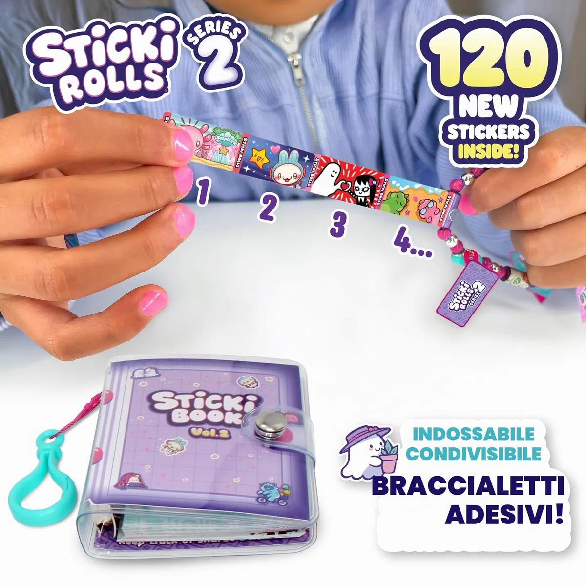 Sky Castle Sticki Rolls Sticki Book Series 2, Braccialetto da Indossare e Condividere, con 120 Mini Adesivi, Braccialetto e Libretto, Colori e Stili Diversi
