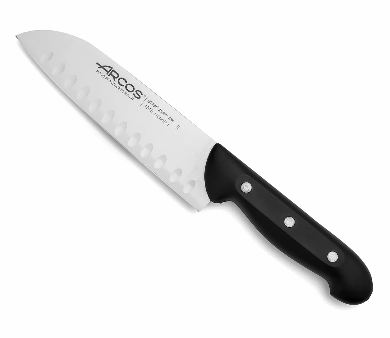 Arcos Coltello Santoku in Acciaio Inossidabile Nitrum – Coltello da Cucina Giapponese per Pesce, Carne e Verdure, Manico Ergonomico in Poliossimetilene POM, Lama da 170 mm – Nero, Serie Maitre