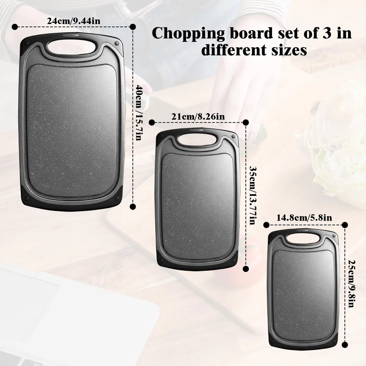 3 Pcs Tagliere da Cucina, Taglieri Plastica con Manico Antiscivolo, Cutting Board con 3 Misure, Senza BPA, Ideale per Carne, Pane, Verdure, Frutta, Tagliere Lavabile in Lavastoviglie