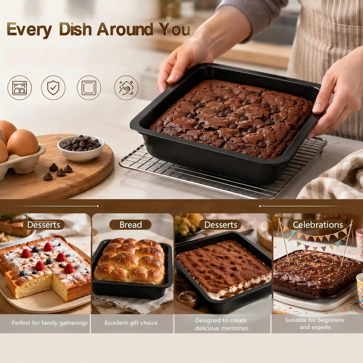 Hapivipa Stampo per Torta, paa Quadrata Antiaderente per Torta Quadrata in Acciaio per Pizza Vassoio Cucina Anche Strumenti di Cottura per panetterie e Dessert di Torte e Dessert (Nero)
