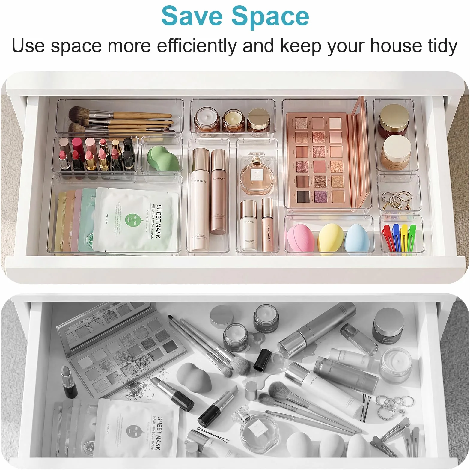 Radikor Organizer Cassetti 16 Pezzi, Contenitori per cassetti in Plastica Trasparente di 4 Dimensioni, Divisori per Cassetti Impilabili per Bagno, Cucina, Trucchi