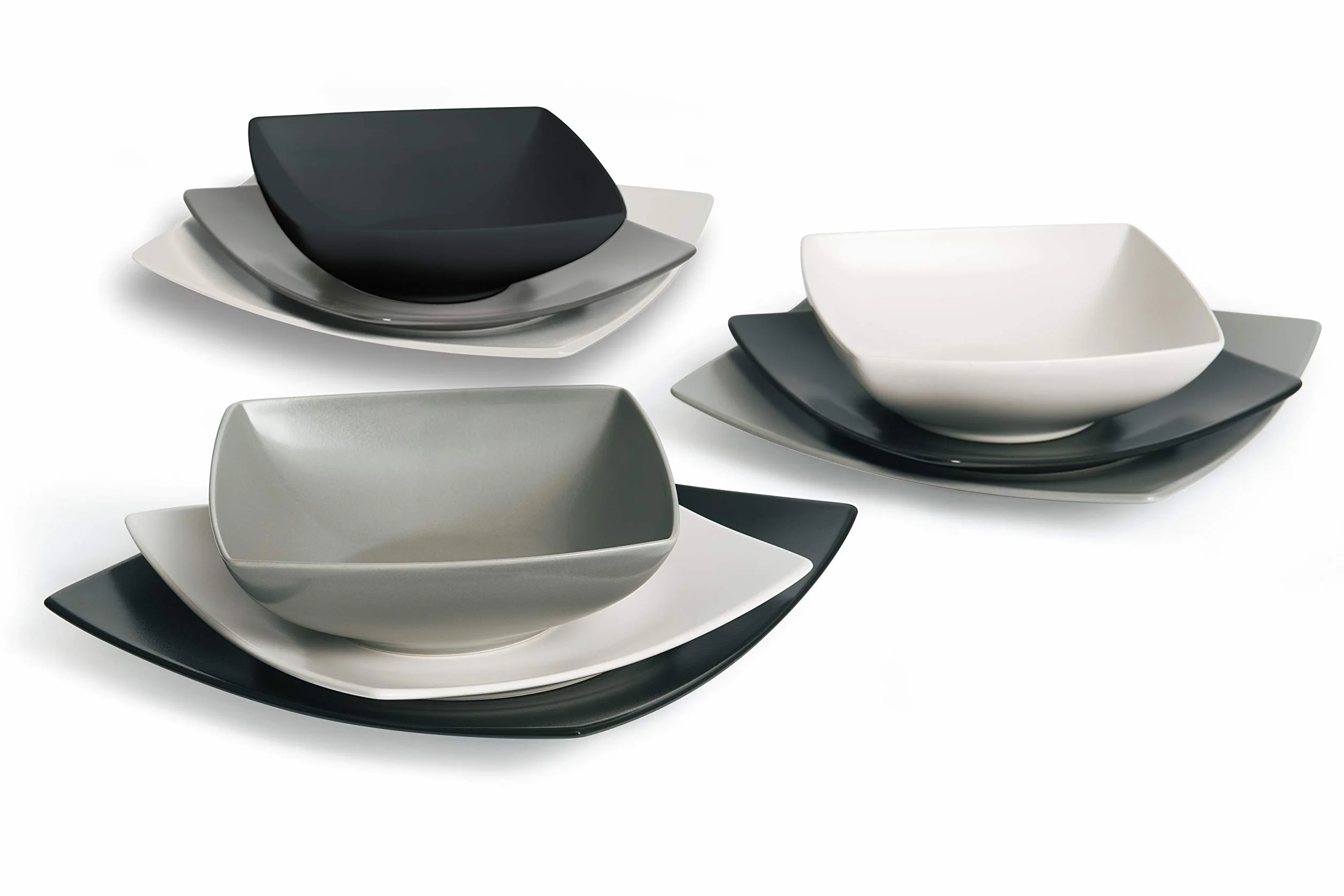 Excelsa Eclipse Servizio Piatti Quadrati 18 Pezzi, Ceramica, Bianco, Nero e Grigio