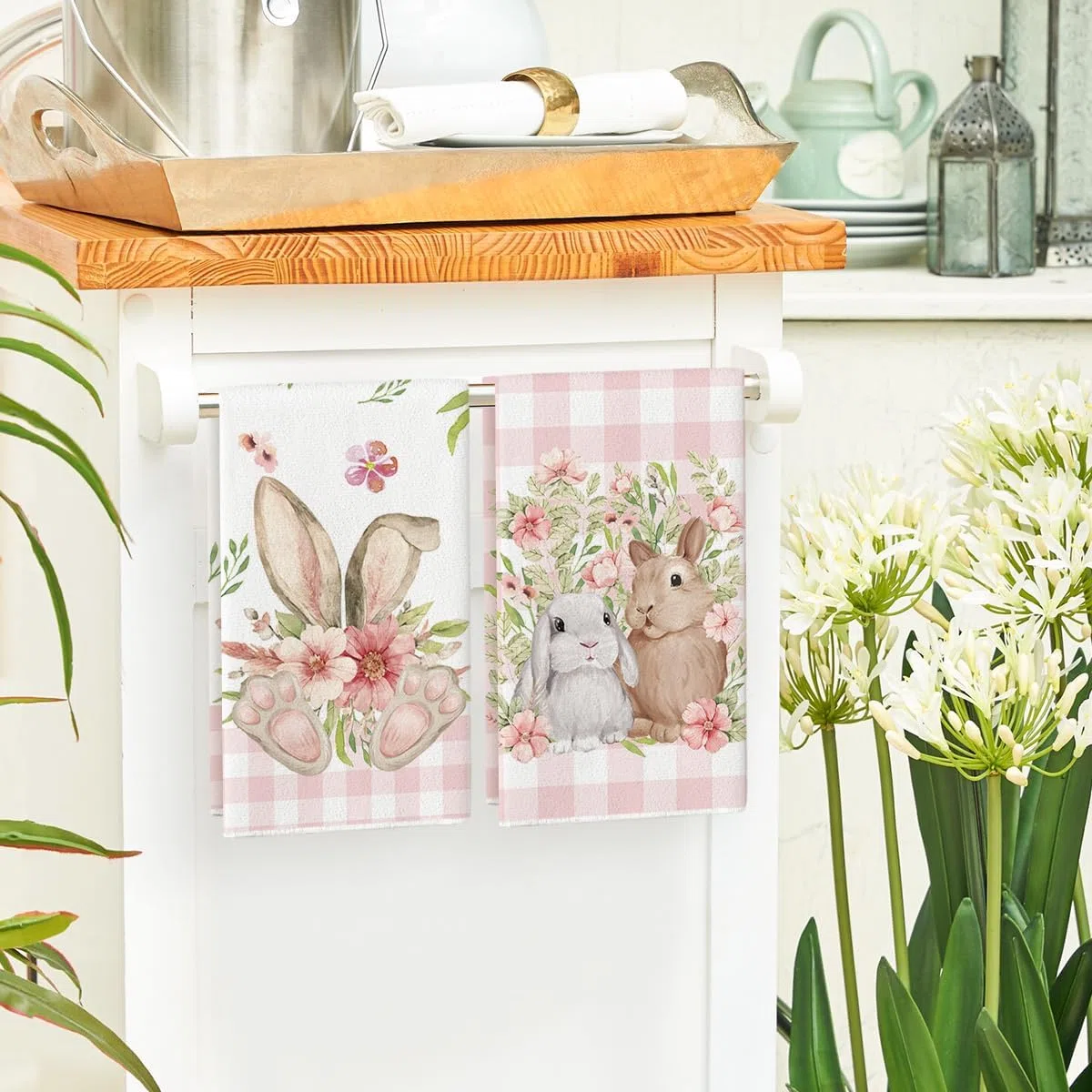 Artoid Mode Set di 2 asciugamani da cucina rosa a quadri di bufalo fiori coniglio pasquale, 42 x 65 cm, decorazione primaverile
