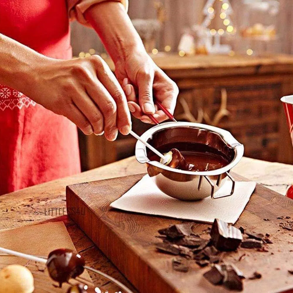 Contenitore per fondere il cioccolato in acciaio inox 18/8 con doppio beccuccio, manico resistente al calore, fondo piatto, ideale per sciogliere il burro, 480 ml argento.