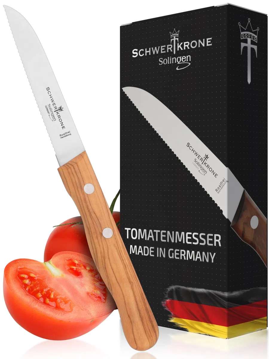 Coltello per verdure con lama seghettata, manico in legno, coltello per pomodori seghettato, coltello per sbucciare, in legno di ulivo, inossidabile
