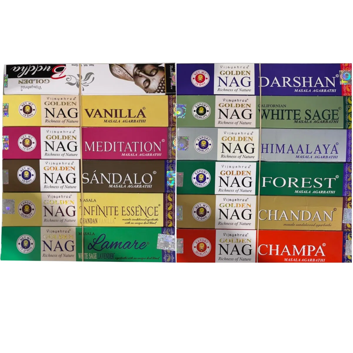 Golden Nag Confezione da 12 fragranze - 2 fragranze esclusive - 15 g x 12 scatole = 180 g