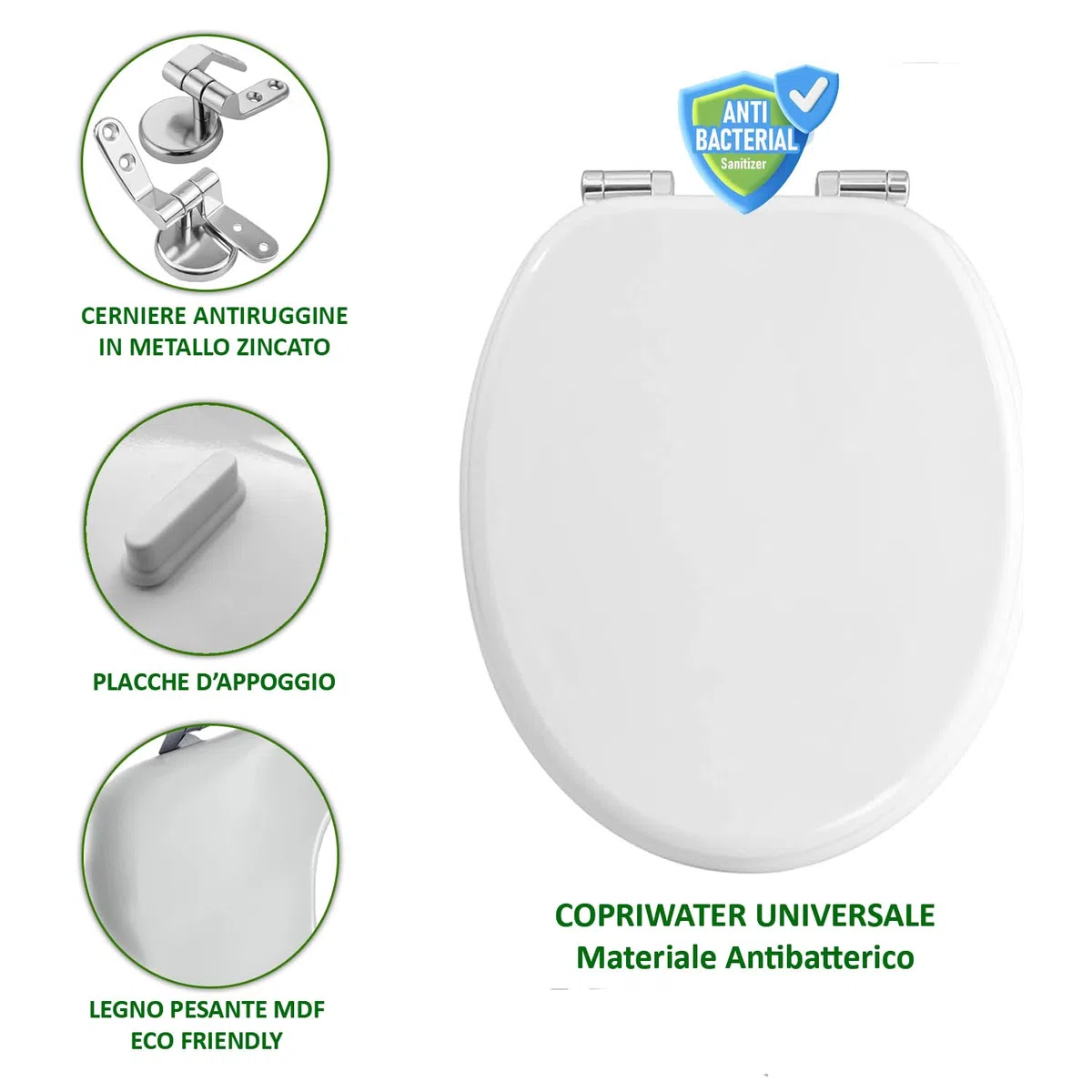 Bakaji Copriwater Universale Copri Tavoletta WC per Bagno in Legno pesante MDF con Cerniere Antiruggine in Lega di Zinco Design Moderno Dimensione 45 x 36 cm (Bianco)
