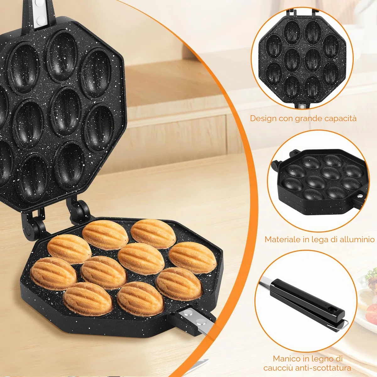 Stampo Per Biscotti A Forma Di Noce (Oreshek) Da 10 Fori In Lega Di Alluminio Con Manico Lungo E Rimovibile, Riscaldamento Uniforme, Nero