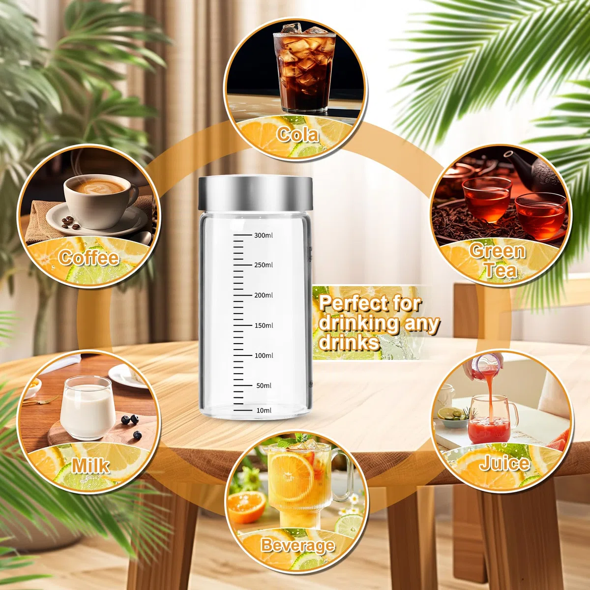 4 Bottiglie di Vetro da 300 ml con Coperchio in Acciaio Inox,Riutilizzabile,Senza BPA,per Succhi, Frullati, Caffè, Latte, Tè, Latte Vegetale e Altro Ancora